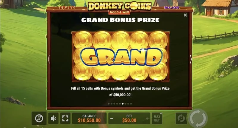 Donkey Coins Hold & Win - skjár með Mini, Minor, Major, Grand Jackpots